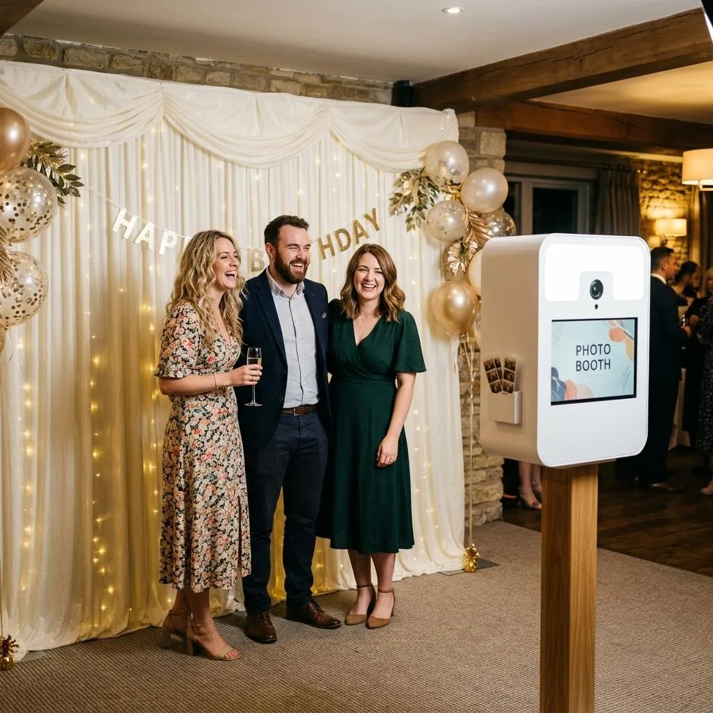 AI illustrative image of guests enjoying a photo booth party, not a real Blue Diamond client event or venue