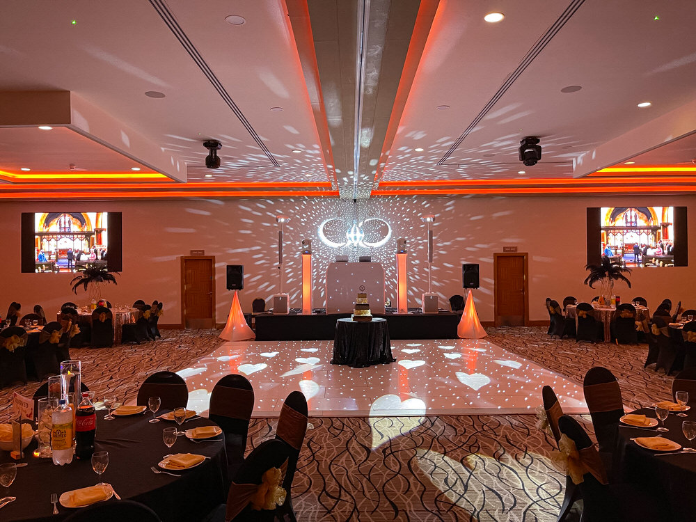 wedding dj worcester evening reception setup with lighting and dance floor