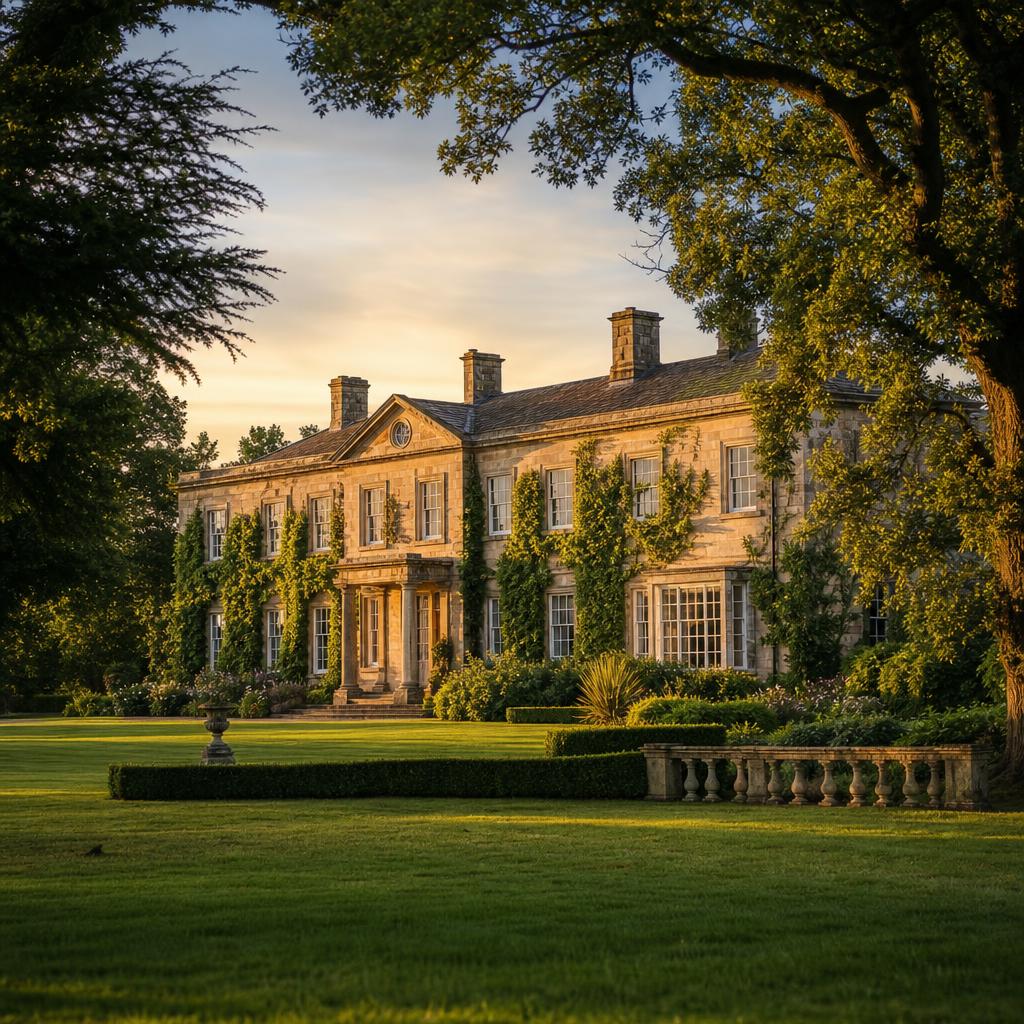 Pendrell Hall wedding venue exterior, Grade II listed Georgian country house with elegant stone façade, manicured lawns, and mature trees at golden hour, Codsall Wood, South Staffordshire